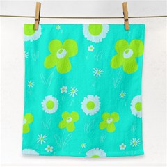 Daisy Flowers Lime Green White Turquoise  Face Towel by Mazipoodles