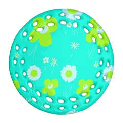 Daisy Flowers Lime Green White Turquoise  Ornament (round Filigree) by Mazipoodles