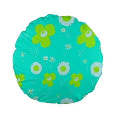 Daisy Flowers Lime Green White Turquoise  Standard 15  Premium Flano Round Cushions by Mazipoodles