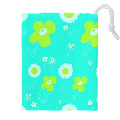 Daisy Flowers Lime Green White Turquoise  Drawstring Pouch (5xl) by Mazipoodles