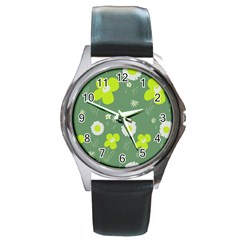 Daisy Flowers Lime Green White Forest Green  Round Metal Watch by Mazipoodles