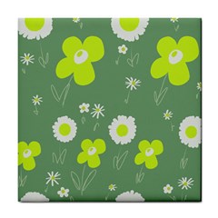 Daisy Flowers Lime Green White Forest Green  Tile Coaster by Mazipoodles