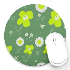 Daisy Flowers Lime Green White Forest Green  Round Mousepad by Mazipoodles