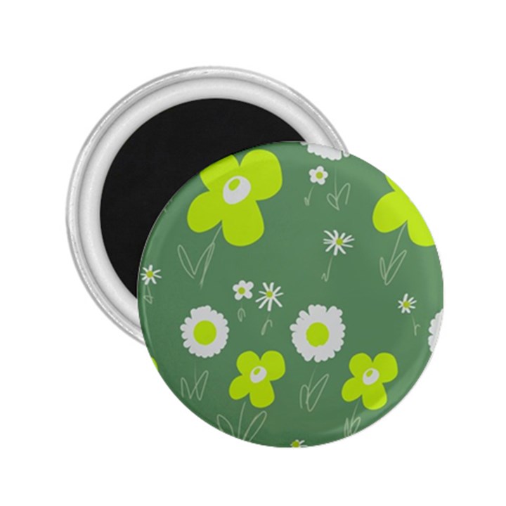 Daisy Flowers Lime Green White Forest Green  2.25  Magnets