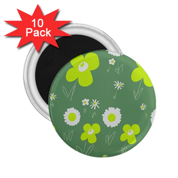 Daisy Flowers Lime Green White Forest Green  2.25  Magnets (10 pack) 