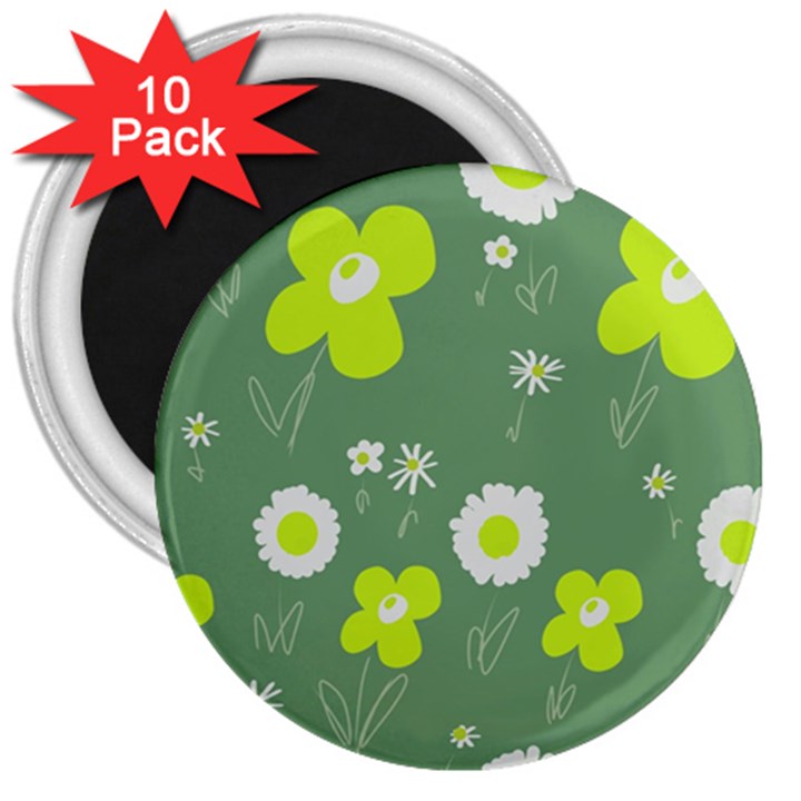 Daisy Flowers Lime Green White Forest Green  3  Magnets (10 pack) 