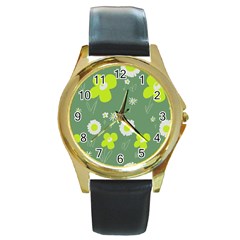 Daisy Flowers Lime Green White Forest Green  Round Gold Metal Watch by Mazipoodles