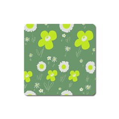 Daisy Flowers Lime Green White Forest Green  Square Magnet by Mazipoodles