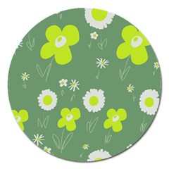 Daisy Flowers Lime Green White Forest Green  Magnet 5  (round) by Mazipoodles