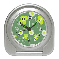 Daisy Flowers Lime Green White Forest Green  Travel Alarm Clock by Mazipoodles