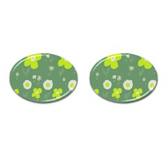 Daisy Flowers Lime Green White Forest Green  Cufflinks (oval) by Mazipoodles