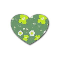 Daisy Flowers Lime Green White Forest Green  Rubber Heart Coaster (4 Pack) by Mazipoodles