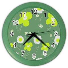 Daisy Flowers Lime Green White Forest Green  Color Wall Clock by Mazipoodles