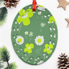 Daisy Flowers Lime Green White Forest Green  Oval Filigree Ornament (two Sides) by Mazipoodles