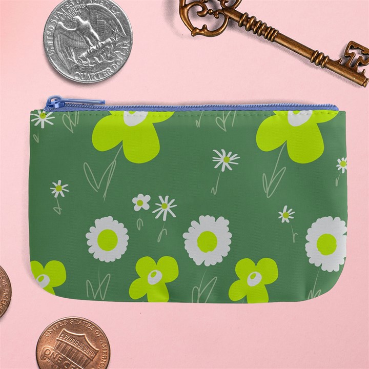 Daisy Flowers Lime Green White Forest Green  Large Coin Purse