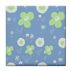 Daisy Flowers Pastel Green White Blue  Tile Coaster by Mazipoodles