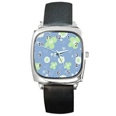 Daisy Flowers Pastel Green White Blue  Square Metal Watch by Mazipoodles