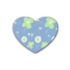 Daisy Flowers Pastel Green White Blue  Rubber Coaster (heart) by Mazipoodles