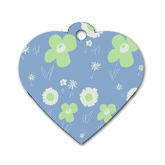 Daisy Flowers Pastel Green White Blue  Dog Tag Heart (one Side) by Mazipoodles