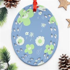 Daisy Flowers Pastel Green White Blue  Ornament (oval Filigree) by Mazipoodles