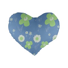 Daisy Flowers Pastel Green White Blue  Standard 16  Premium Flano Heart Shape Cushions by Mazipoodles