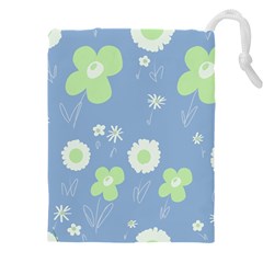 Daisy Flowers Pastel Green White Blue  Drawstring Pouch (5xl) by Mazipoodles