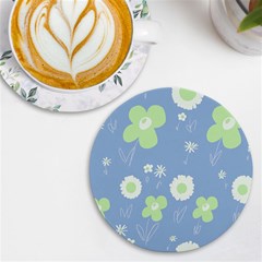 Daisy Flowers Pastel Green White Blue  Uv Print Round Tile Coaster by Mazipoodles