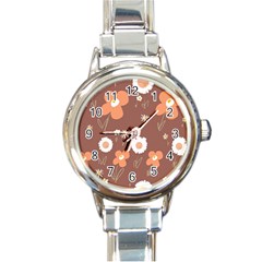 Daisy Flowers Coral White Green Brown  Round Italian Charm Watch by Mazipoodles