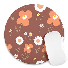 Daisy Flowers Coral White Green Brown  Round Mousepad by Mazipoodles