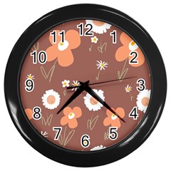 Daisy Flowers Coral White Green Brown  Wall Clock (black) by Mazipoodles