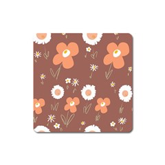 Daisy Flowers Coral White Green Brown  Square Magnet by Mazipoodles