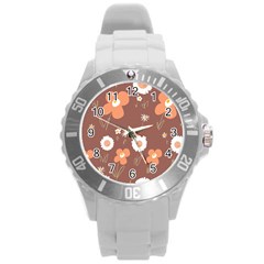 Daisy Flowers Coral White Green Brown  Round Plastic Sport Watch (l) by Mazipoodles