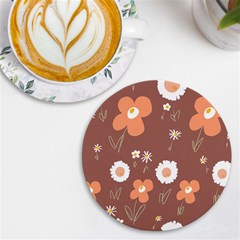 Daisy Flowers Coral White Green Brown  Uv Print Round Tile Coaster by Mazipoodles