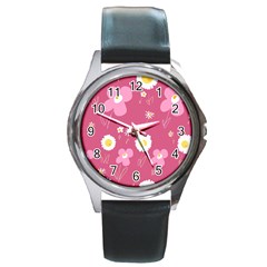 Daisy Flowers Pink White Yellow Dusty Pink Round Metal Watch by Mazipoodles