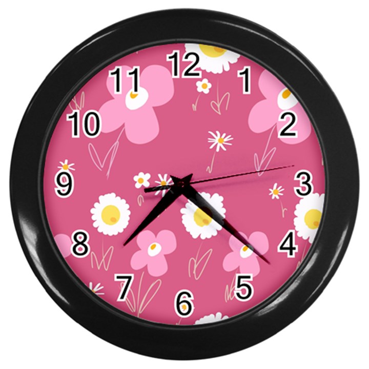 Daisy Flowers Pink White Yellow Dusty Pink Wall Clock (Black)