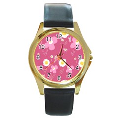 Daisy Flowers Pink White Yellow Dusty Pink Round Gold Metal Watch by Mazipoodles