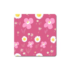 Daisy Flowers Pink White Yellow Dusty Pink Square Magnet by Mazipoodles