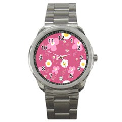 Daisy Flowers Pink White Yellow Dusty Pink Sport Metal Watch by Mazipoodles