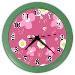 Daisy Flowers Pink White Yellow Dusty Pink Color Wall Clock by Mazipoodles