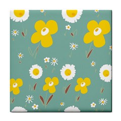 Daisy Flowers Yellow White Brown Sage Green  Tile Coaster by Mazipoodles