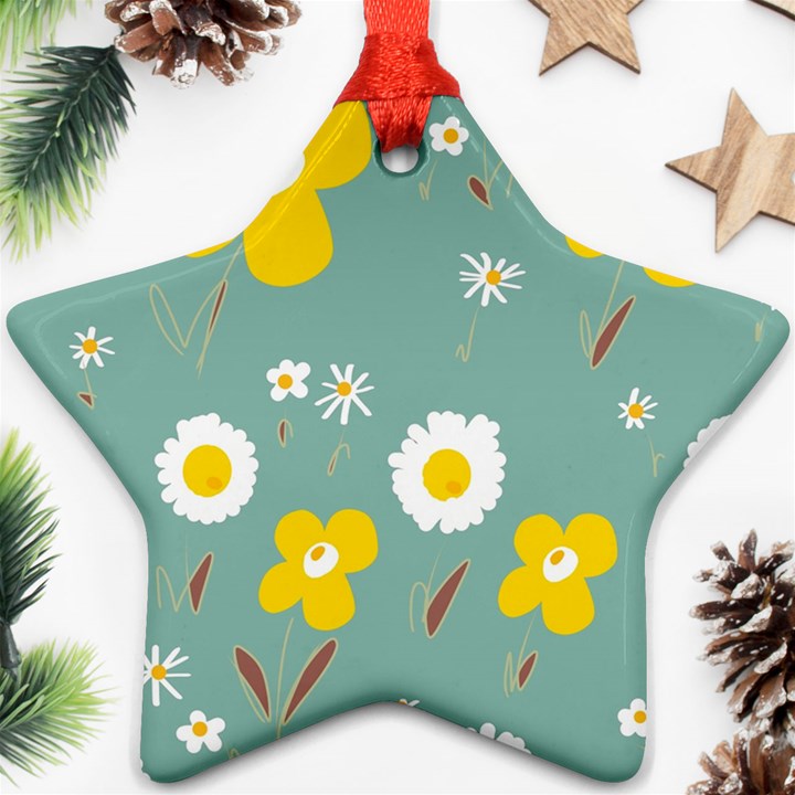 Daisy Flowers Yellow White Brown Sage Green  Ornament (Star)