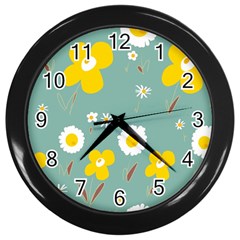 Daisy Flowers Yellow White Brown Sage Green  Wall Clock (black) by Mazipoodles