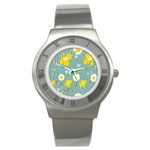 Daisy Flowers Yellow White Brown Sage Green  Stainless Steel Watch Front