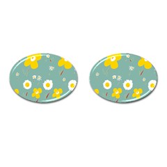 Daisy Flowers Yellow White Brown Sage Green  Cufflinks (oval) by Mazipoodles