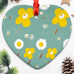 Daisy Flowers Yellow White Brown Sage Green  Heart Ornament (two Sides) by Mazipoodles