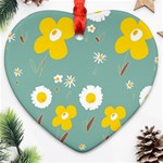 Daisy Flowers Yellow White Brown Sage Green  Heart Ornament (Two Sides) Front