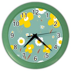 Daisy Flowers Yellow White Brown Sage Green  Color Wall Clock by Mazipoodles