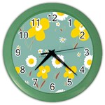 Daisy Flowers Yellow White Brown Sage Green  Color Wall Clock Front