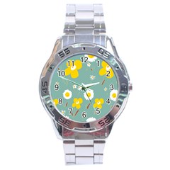 Daisy Flowers Yellow White Brown Sage Green  Stainless Steel Analogue Watch by Mazipoodles