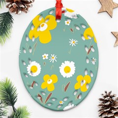 Daisy Flowers Yellow White Brown Sage Green  Ornament (oval Filigree) by Mazipoodles